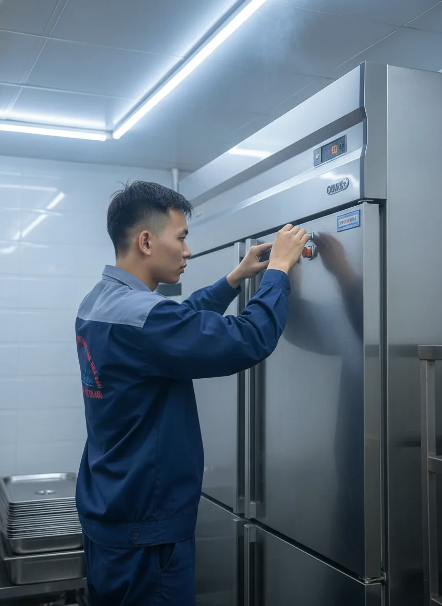 Kỹ thuật vi&ecirc;n trẻ người ch&acirc;u &Aacute; đang kiểm tra tủ lạnh c&ocirc;ng nghiệp trong khu bếp sản xuất nhỏ ở Đ&agrave; Nẵng, đ&egrave;n LED lạnh chiếu s&aacute;ng, hơi nước v&agrave; c&aacute;c khay inox xung quanh, biểu cảm tập t