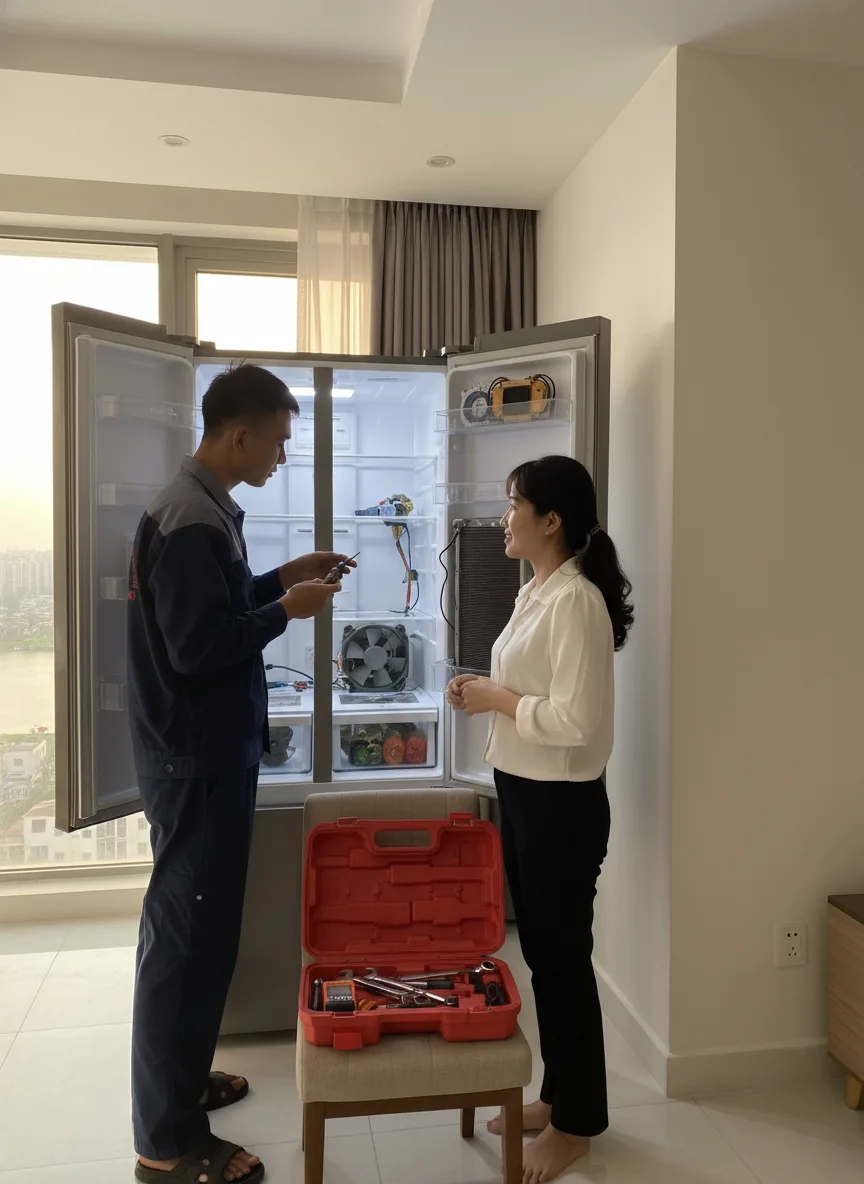 Bảo tr&igrave; định kỳ tủ lạnh gia đ&igrave;nh trong chung cư gần s&ocirc;ng H&agrave;n, nam thợ trẻ đang trao đổi với chủ nh&agrave;, &aacute;nh s&aacute;ng ban chiều dịu, tủ mở lộ hệ thống b&ecirc;n trong, hộp dụng cụ mở nắp tr&ecirc;n gh
