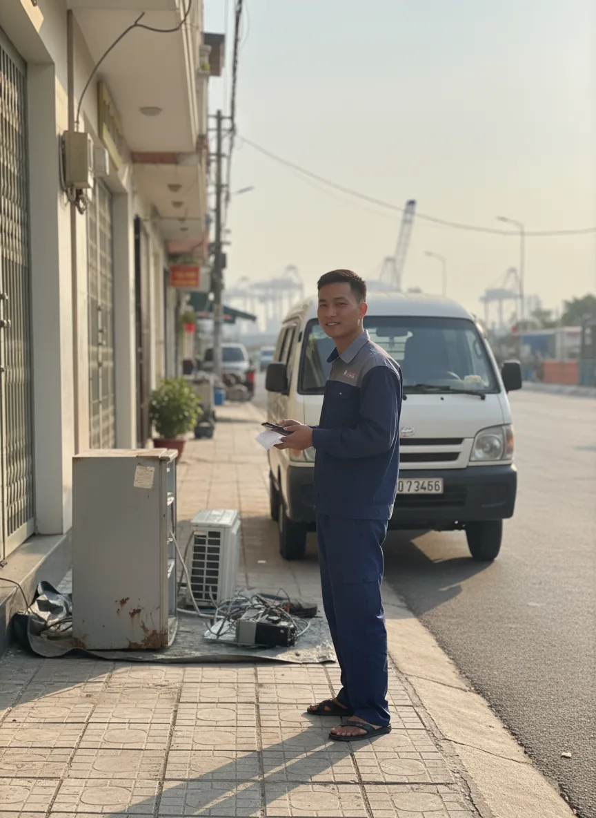 Nam thanh niên châu Á mặc áo sơ mi xanh đứng cạnh xe tải nhỏ trên vỉa hè Đà Nẵng, trước nhà phố có tủ lạnh hỏng và dàn điều hòa tháo rời; ánh sáng buổi chiều vàng, bối cảnh cảng xa