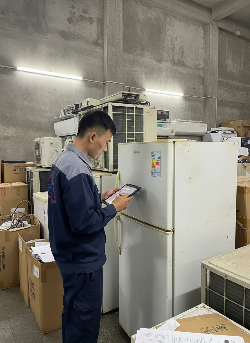 Trong kho thu mua đồ điện cũ, nam thanh niên châu Á kiểm tra tem tủ lạnh cũ đặt giữa các thùng carton và dàn điều hòa xếp chồng; ánh sáng đèn LED mạnh, bối cảnh tường xi măng, anh