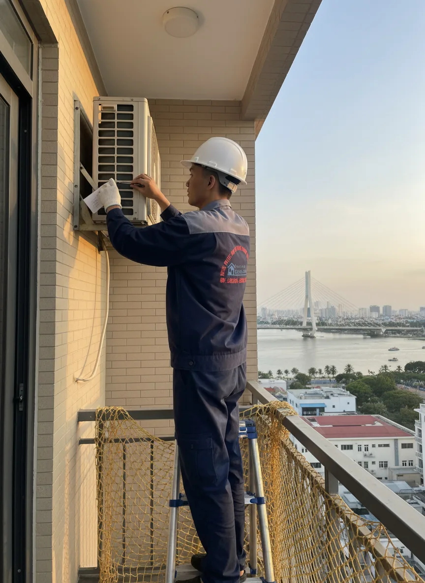 Nhân viên thu hồi là nam thanh niên châu Á đứng trên thang nhỏ lắp dỡ điều hòa ngoài ban công căn hộ; ánh nắng buổi chiều chiếu xiên, nền là cầu sông Hàn mờ, góc nhìn cận trung cho