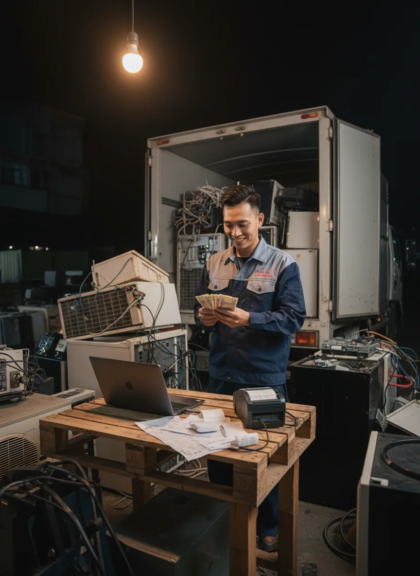 Đêm muộn trong bãi tập kết đồ điện cũ, nam thanh niên châu Á kiểm đếm tiền sau khi thanh lý nhiều tủ lạnh và điều hòa; ánh sáng vàng từ bóng đèn treo, xe tải mở thùng, góc máy cắt