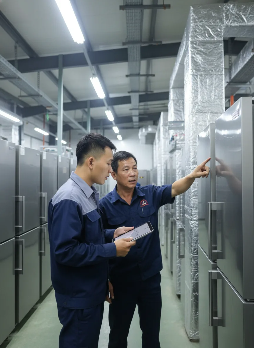 Người thanh niên châu Á tư vấn với kỹ thuật viên trong nhà máy lạnh thương mại ven thành phố Đà Nẵng, cạnh các tủ lạnh công nghiệp và ống dẫn bảo ôn, đèn huỳnh quang nhẹ, ánh sáng