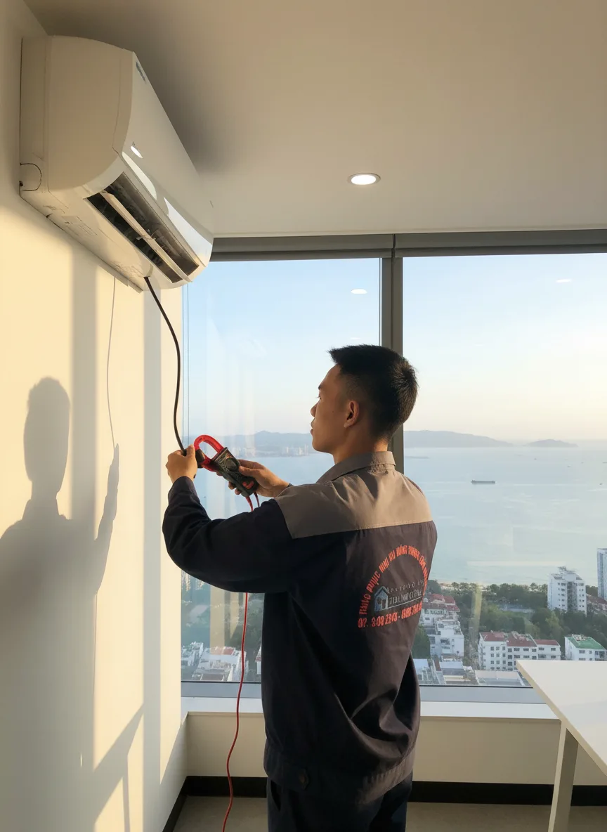 Nam thanh niên châu Á mặc áo polo, đang đo dòng điện bằng ampe kẹp vào dây nguồn của máy lạnh trong văn phòng hiện đại nhìn ra biển Đà Nẵng, buổi chiều nhiều ánh sáng tự nhiên vàng
