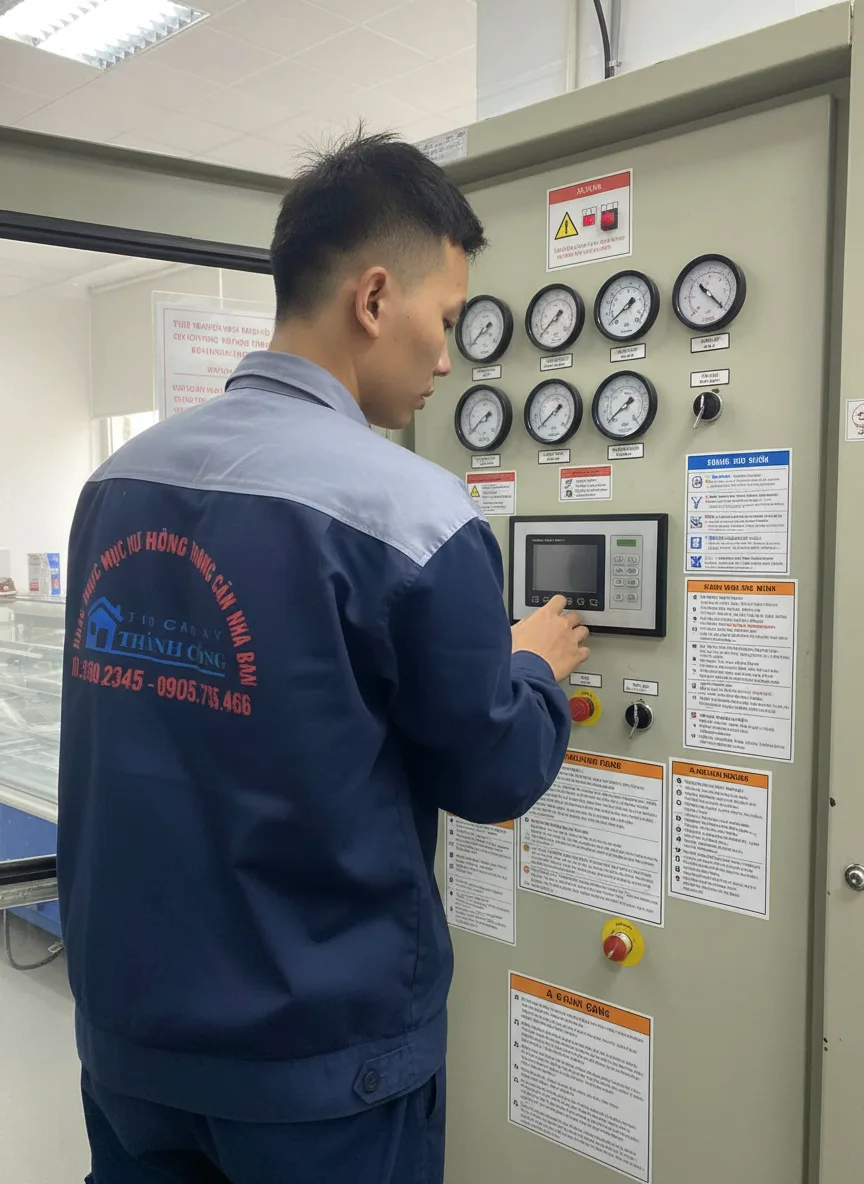 Nam thanh niên châu Á kiểm tra bảng điều khiển của hệ thống lạnh tại khu thương mại, các đồng hồ, cảm biến và nhãn kỹ thuật rõ ràng, trời nắng nhẹ buổi sáng, ánh sáng trong nhà kết