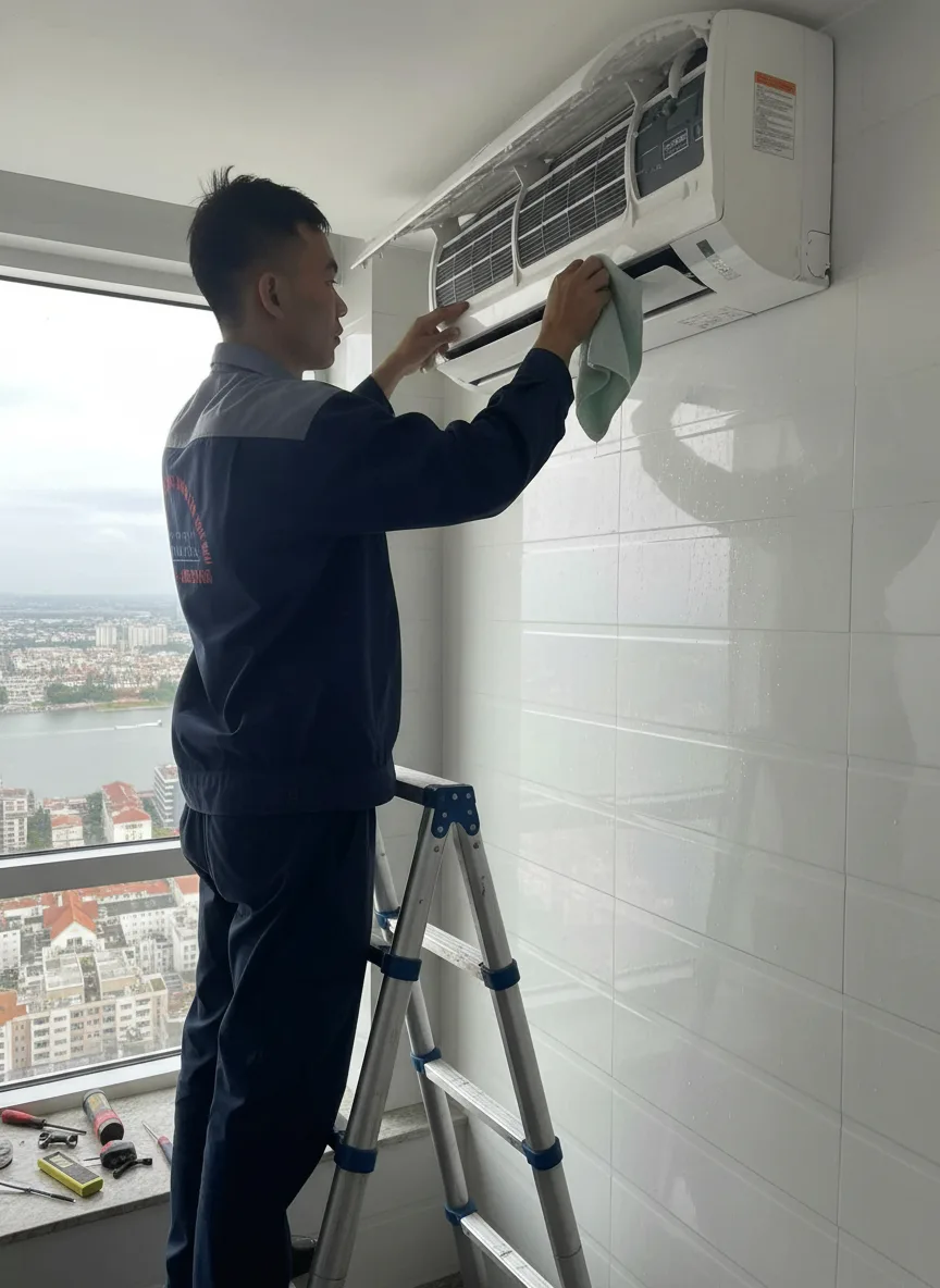 Nam châu Á trẻ trung mặc đồng phục kỹ thuật, đang tháo mặt nạ dàn lạnh điều hòa trong căn hộ cao tầng ở Đà Nẵng, cửa sổ nhìn ra sông Hàn, ánh sáng ban ngày dịu, dụng cụ chuyên nghi