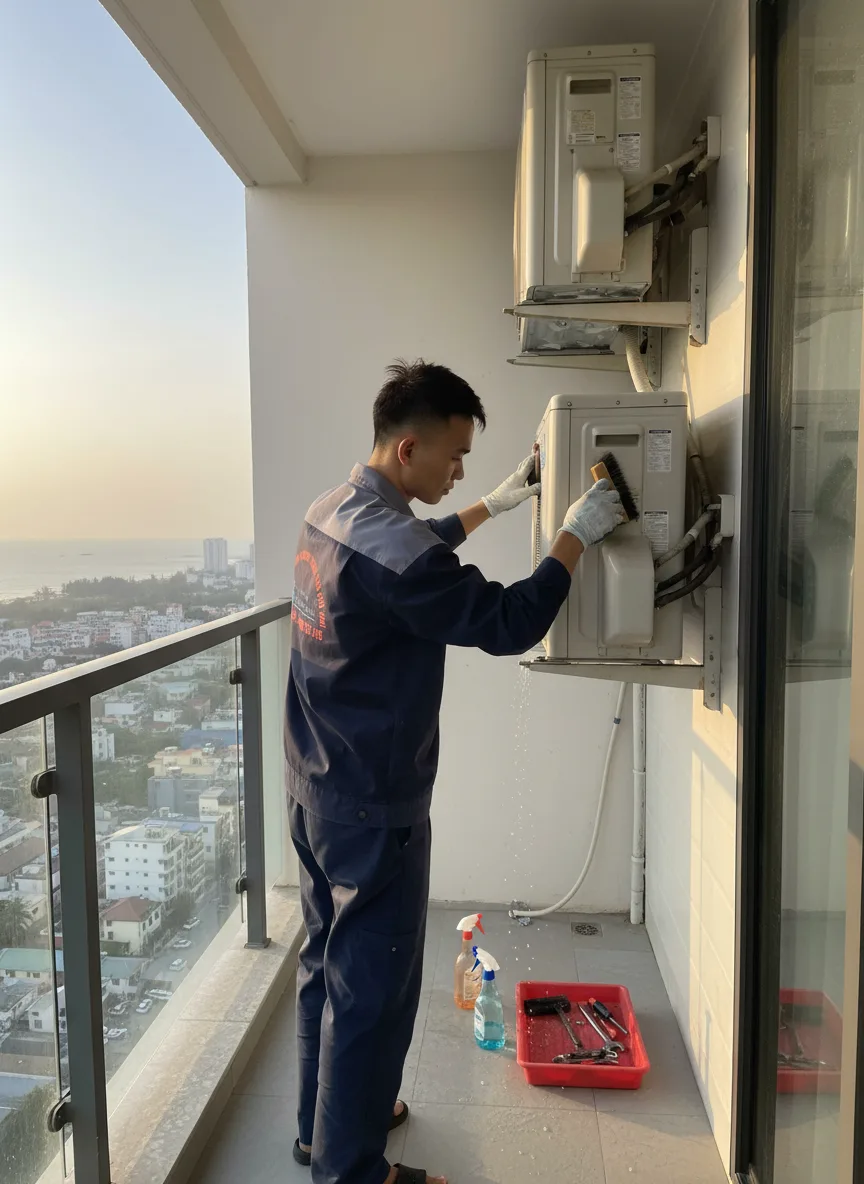 Kỹ thuật viên nam trẻ người Việt, đang vệ sinh dàn nóng điều hòa trên ban công chung cư có tầm nhìn biển Mỹ Khê xa, sáng sớm có ánh nắng vàng nhẹ, máy móc, bình xịt, khay dụng cụ, 