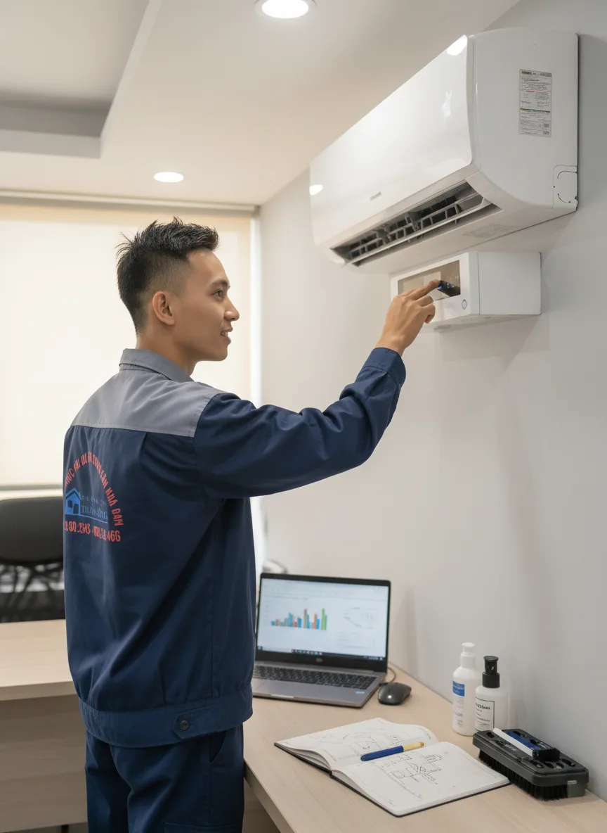 Nam châu Á trẻ trung kiểm tra bảng điều khiển điều hòa trong văn phòng hiện đại ở Đà Nẵng, ánh sáng nhân tạo ấm kết hợp ánh sáng ngoài trời xuyên rèm, laptop, sổ ghi chép và bộ vệ 