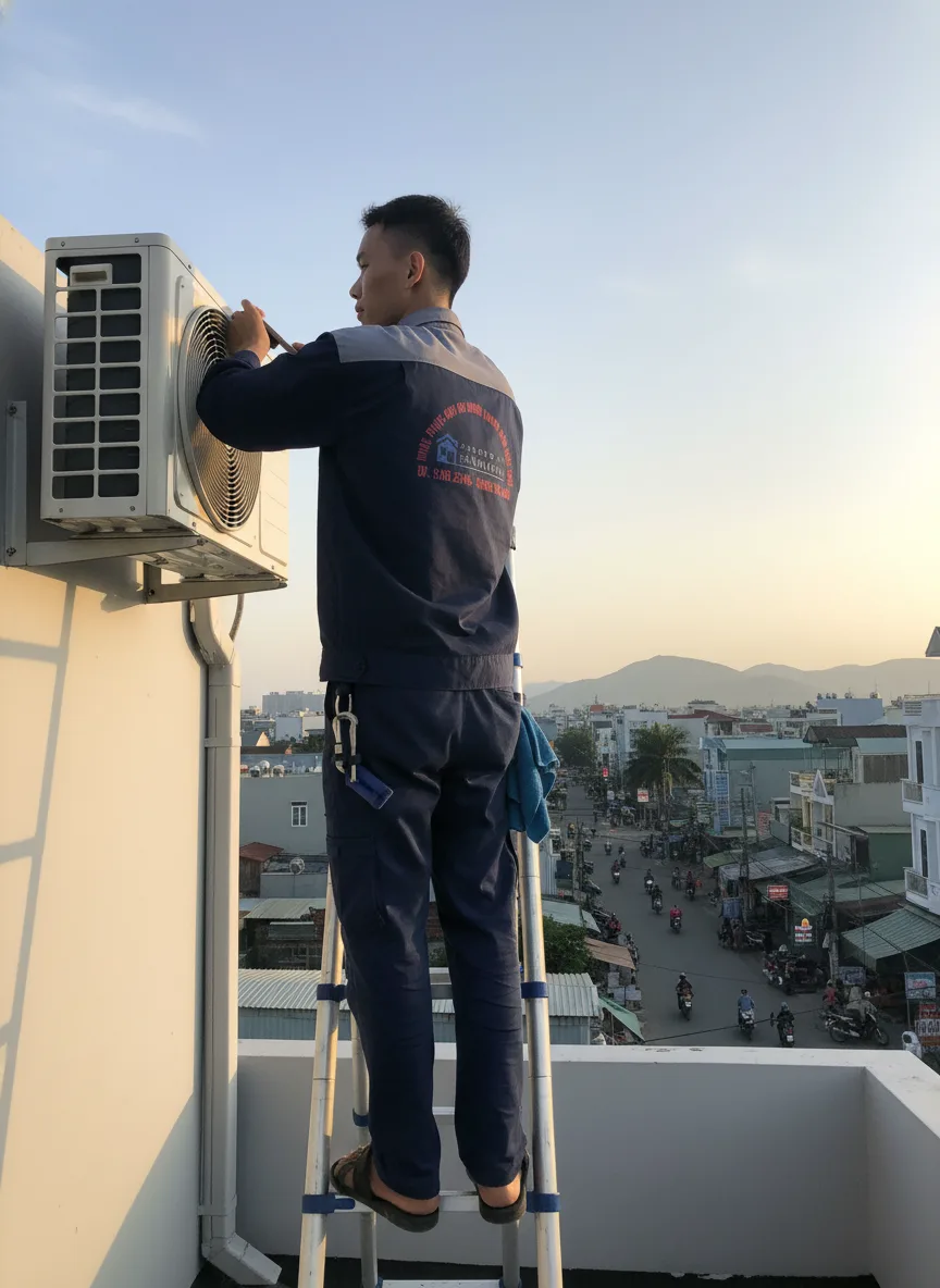 Nhân viên bảo trì nam trẻ leo thang để tiếp cận dàn nóng trên mái nhà quán cà phê ven đường Đà Nẵng, trời trong xanh chiều muộn, thiết bị an toàn, khăn và cọ, góc chụp rộng từ dưới