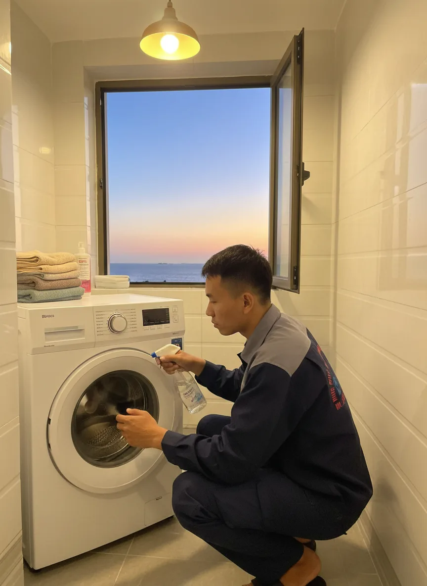 Nam thanh niên châu Á kỹ thuật viên cúi xuống kiểm tra ống thoát nước sau máy giặt trong khu bếp chung căn hộ, sáng sớm ánh sáng tự nhiên mềm, ống nước, tua-vit, khăn sạch đặt gọn,