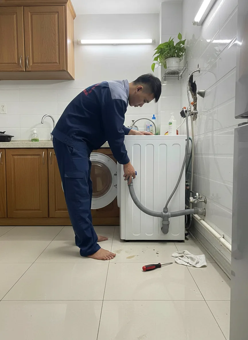 Khung cảnh nội thất phòng giặt nhỏ của nhà phố ven biển Đà Nẵng lúc hoàng hôn, nam thanh niên châu Á cầm bình xịt khử mùi xịt vào gioăng cao su máy giặt cửa trên, ánh đèn vàng ấm,