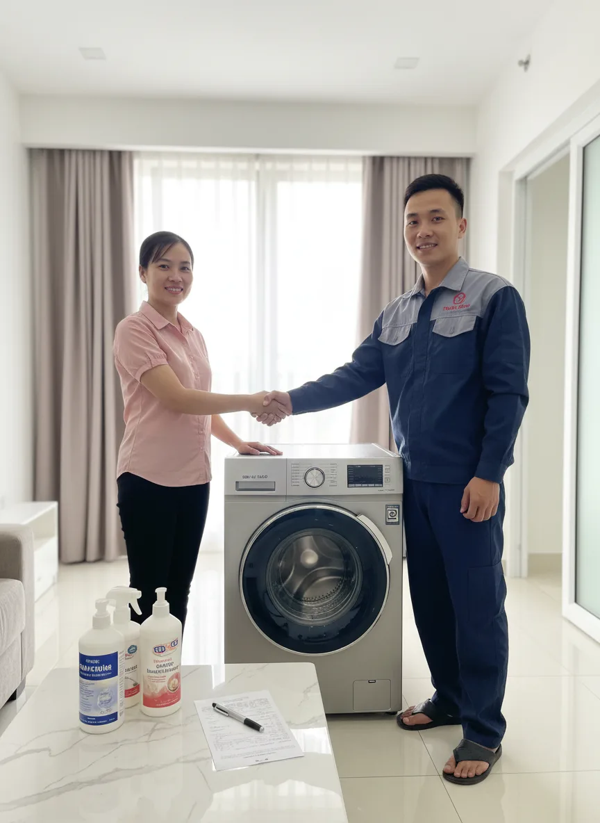 Kỹ thuật viên nam châu Á hoàn thành kiểm tra, đứng tự tin bên cạnh máy giặt đã sạch, chủ nhà mỉm cười bắt tay, nền là phòng khách hiện đại của căn hộ Đà Nẵng, ánh sáng tự nhiên dịu